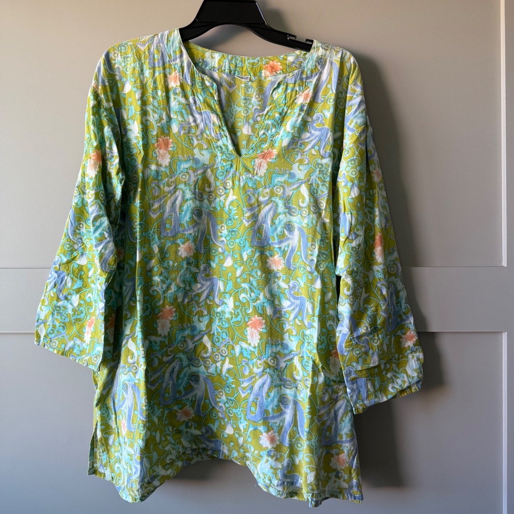 Tunic Top Women XL Green Blue Floral Cotton V-Neck Block Print Boho Tropical